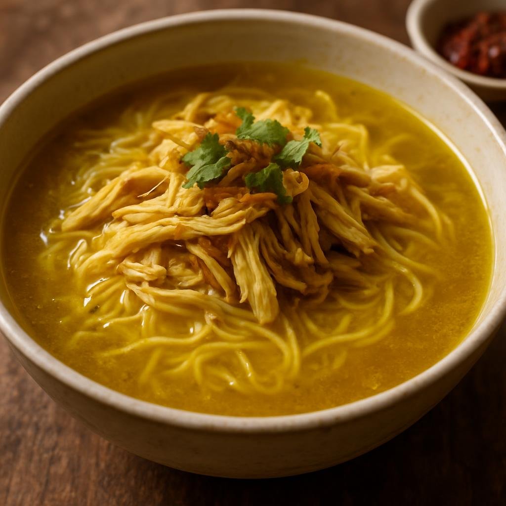 Entree: Brunei – Central Culinary Region – Soto Brunei (Bruneian spiced chicken noodle soup with turmeric-scented broth and shredded chicken) recipe