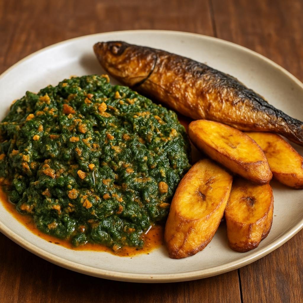 Entree: Burundi – Central Culinary Region – Isombe (Mashed cassava leaves cooked with peanut paste and palm oil, often served with smoked fish and plantains) recipe