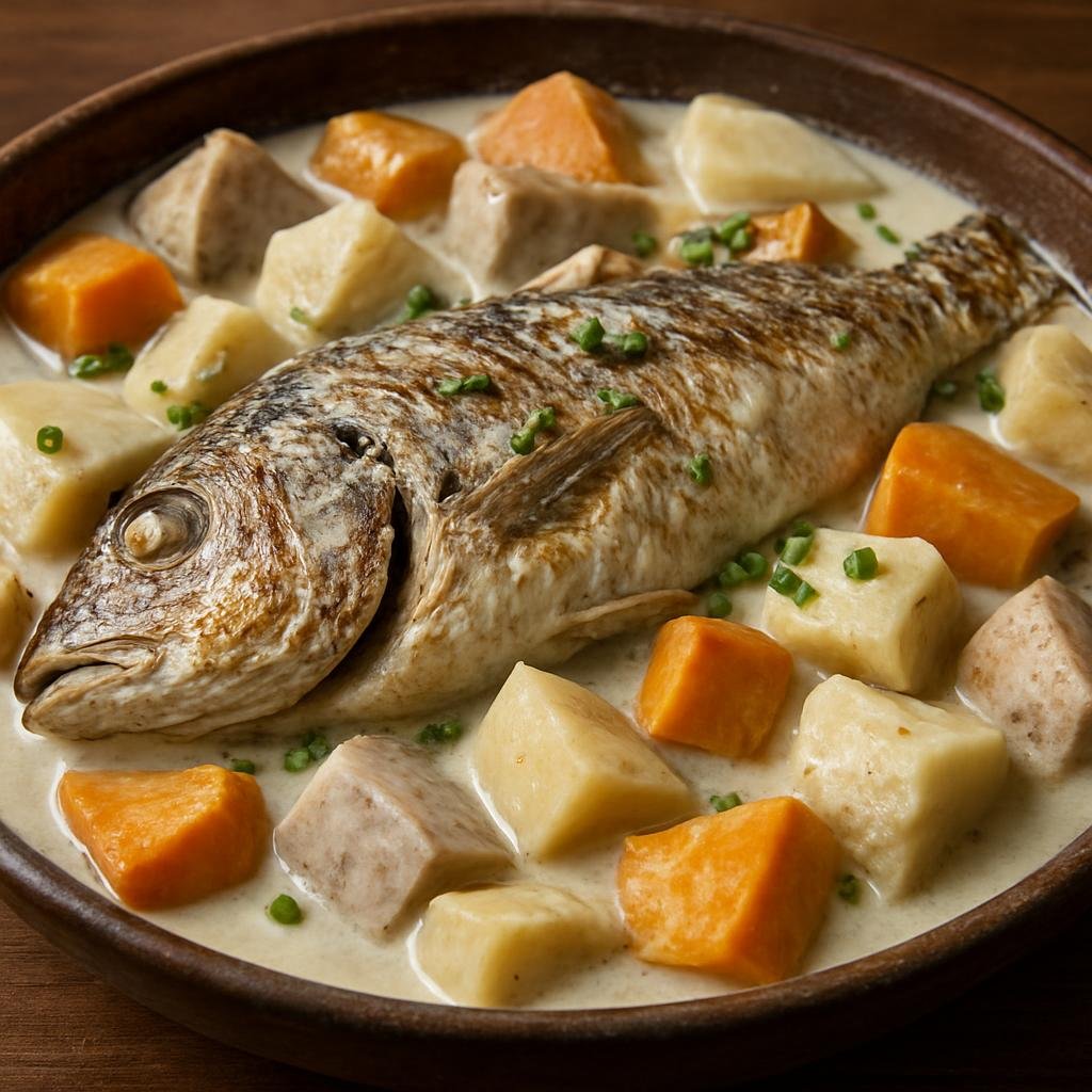 Entree: Cook Islands – Umukai (Traditional earth-oven roasted fish and root vegetables cooked with coconut cream) recipe