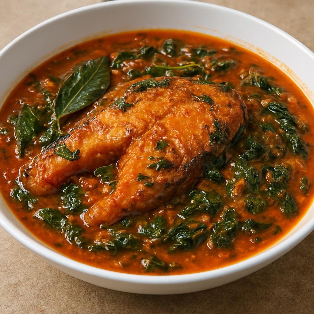 Entree: Gabon – Poisson à la Gabonaise (Gabonese-style fish stew cooked in palm oil with tomato, aromatics, and leafy greens) recipe