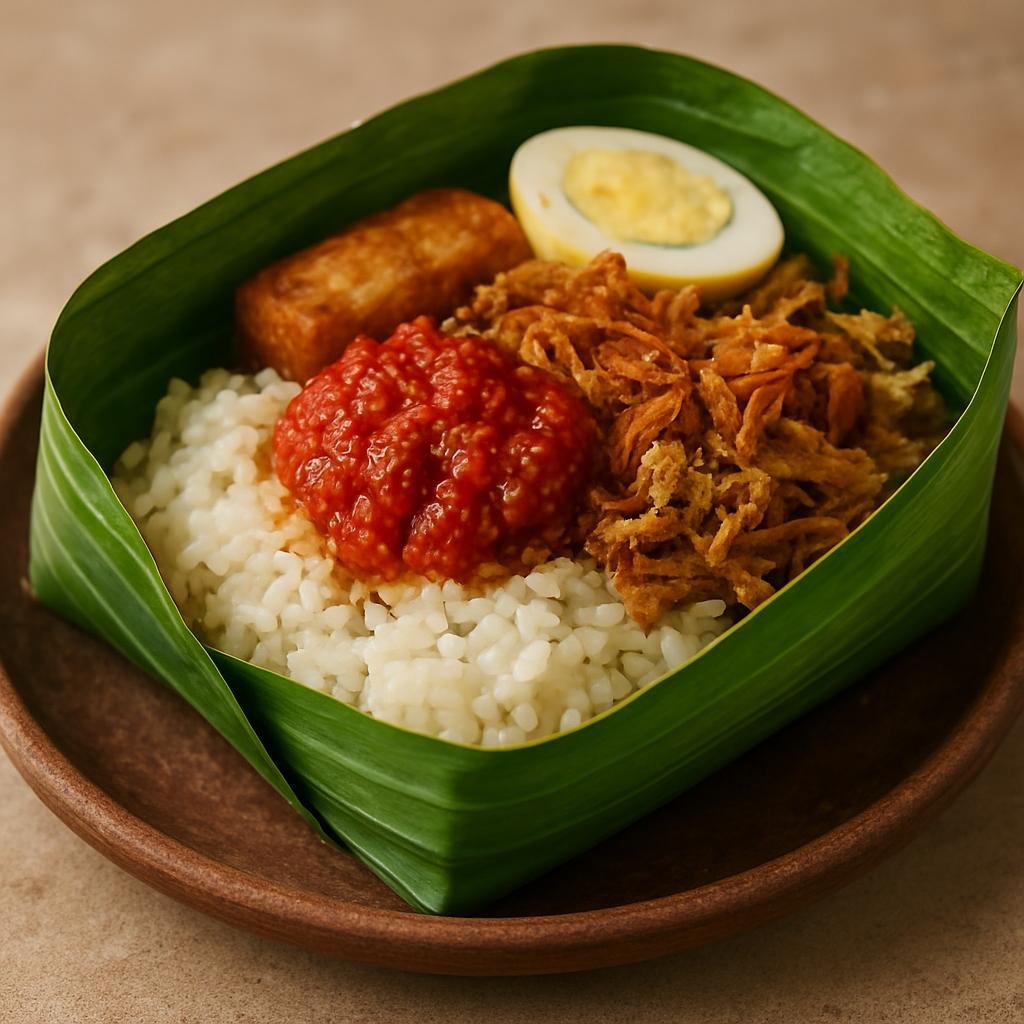 Entree: Indonesia – Bali – Nasi Jinggo (Small banana-leaf parcels of fragrant rice served with spicy sambal and assorted savory toppings for a compact street-food meal) recipe