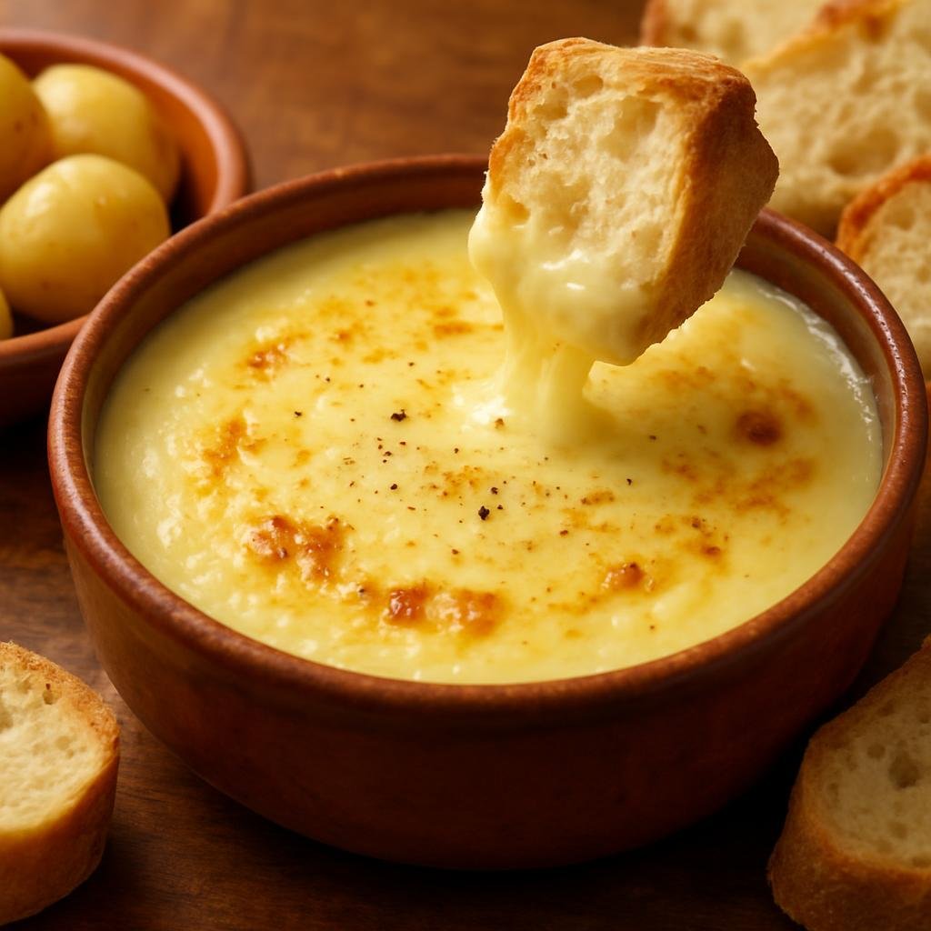 Entree: Italy – Aosta Valley – Fonduta alla Valdostana (Creamy melted Fontina cheese custard served warm, traditionally eaten with bread or boiled potatoes) recipe