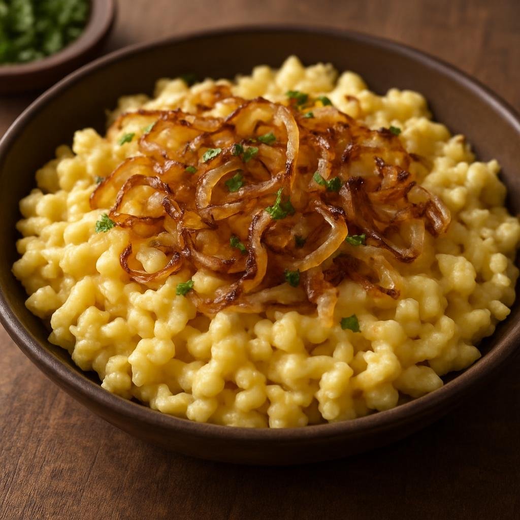 Entree: Germany – Bavaria – Käsespätzle (Soft egg noodles tossed with melted alpine cheese and caramelized onions) recipe