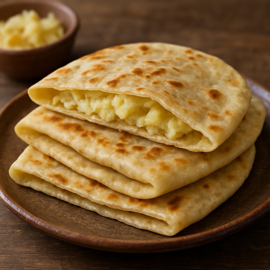 Entree: Russia – Bashkir & Ural Region – Кыстыбый ➤ Kystyby (Folded unleavened flatbread filled with buttery mashed potatoes) recipe