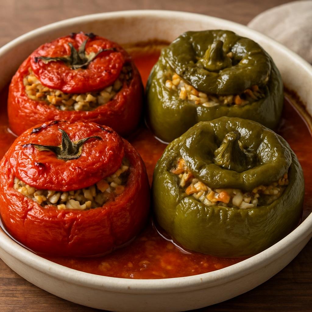 Entree: Greece – Athens & Attica – Γεμιστά ➤ Yemista (Baked tomatoes and peppers stuffed with herbed rice) recipe