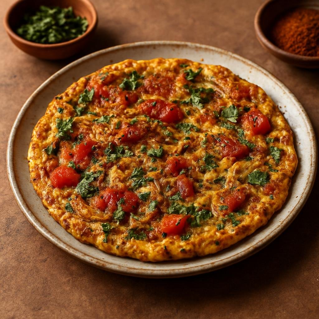 Entree: Morocco – Berber Cuisine – Berber Omelette (Pan-fried seasoned egg dish with tomatoes, onions, herbs, and North African spices) recipe