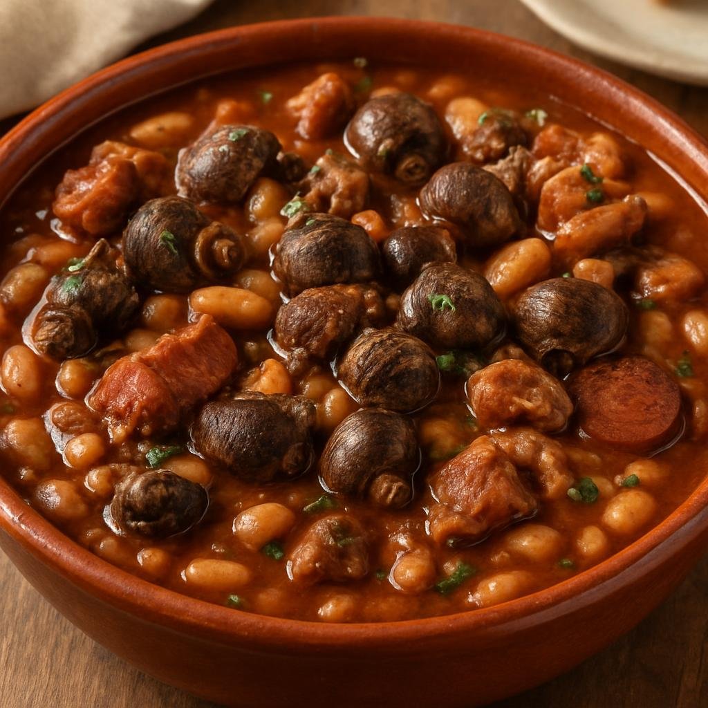 Entree: Portugal – Algarve – Feijoada de Búzios (Algarve-style bean stew with sea snails and coastal pork in a savory tomato and wine broth) recipe