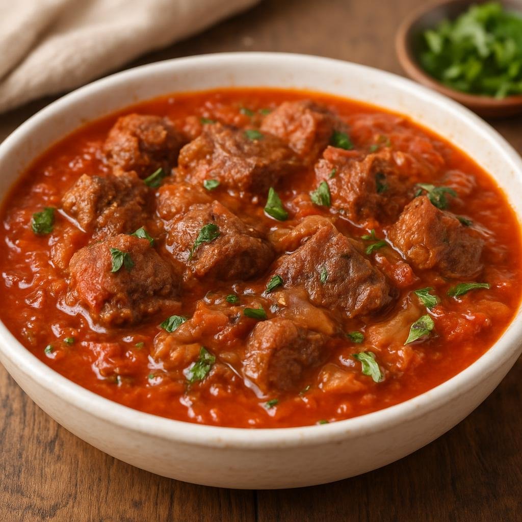 Entree: Georgia – Imereti – ჩაშუშული ➤ Chashushuli (Georgian stewed beef in a tomato and onion sauce seasoned with regional spices) recipe