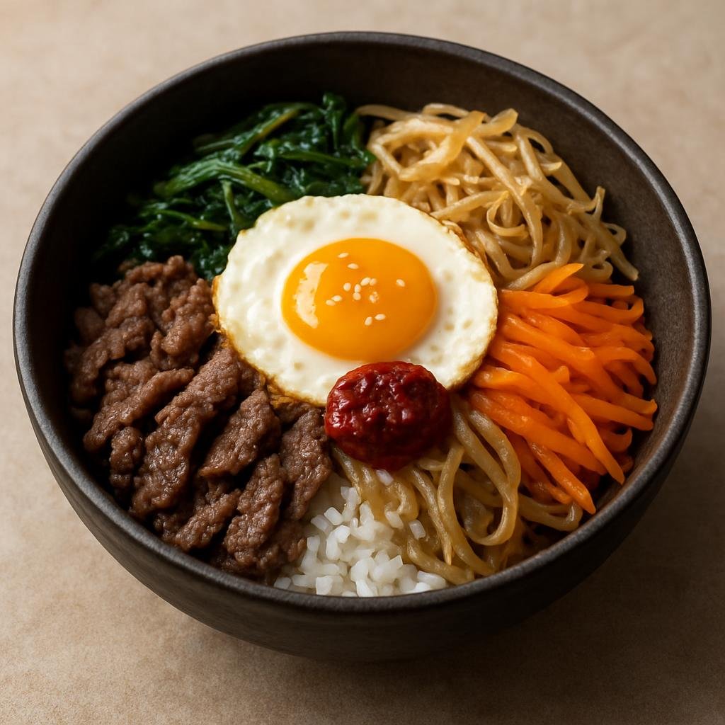 Entree: South Korea – Gyeongsang – 경상도 비빔밥 ➤ Gyeongsangdo Bibimbap (Gyeongsang province style mixed rice bowl with seasoned vegetables, sliced beef, fried egg, and chili paste) recipe
