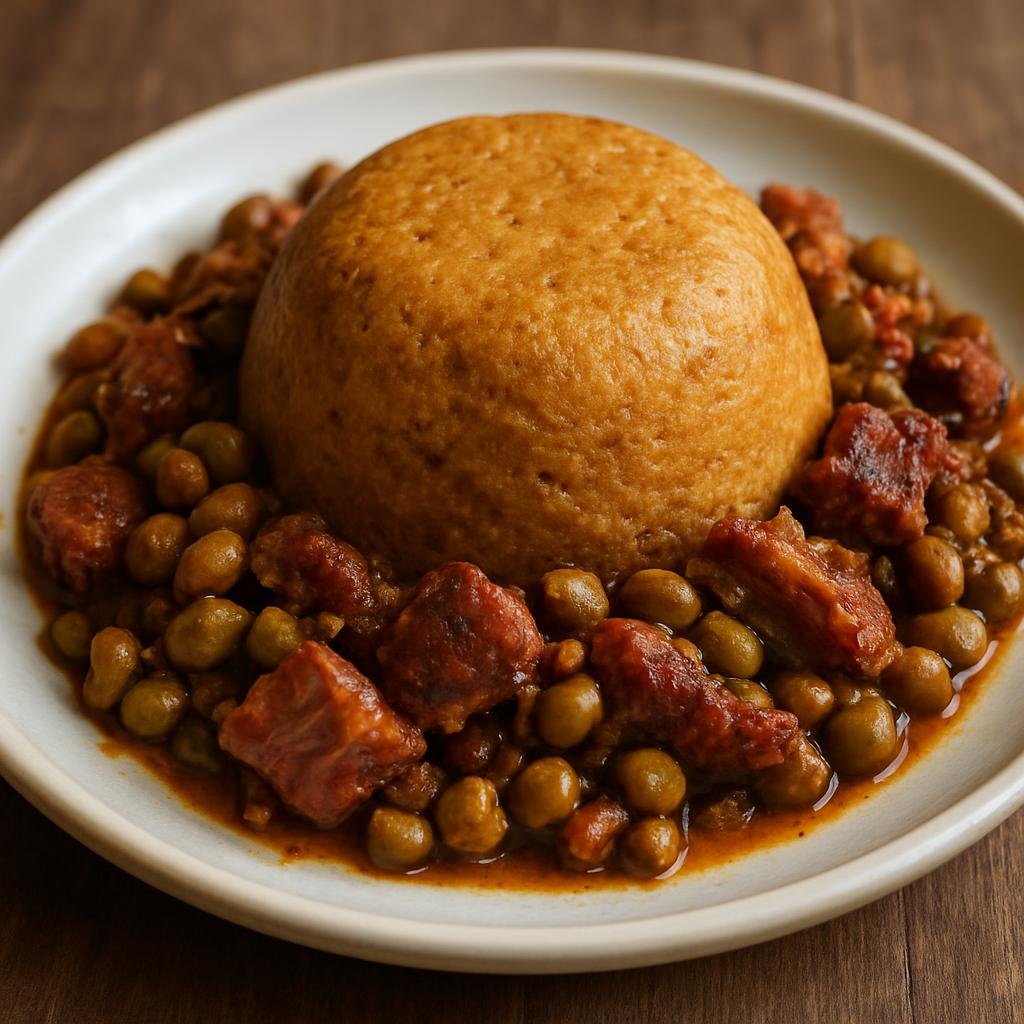 Entree: Barbados – National Cuisine – Jug Jug (Savory Bajan cornmeal pudding with pigeon peas and salted meat cooked with spices) recipe