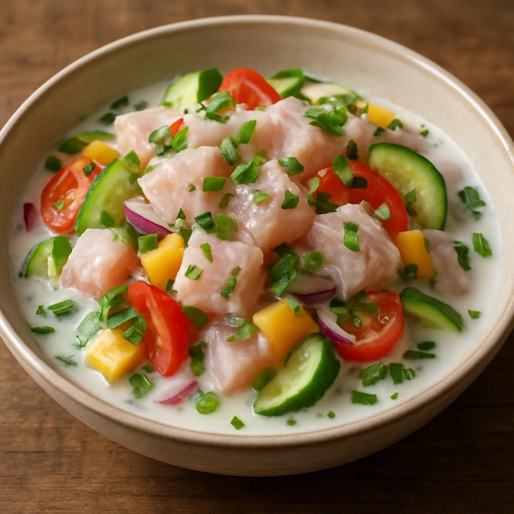 Entree: French Polynesia – National Cuisine – Mahi Mahi à la Tahitienne (Tahitian-style raw marinated mahi mahi in lime juice and coconut milk with fresh vegetables) recipe