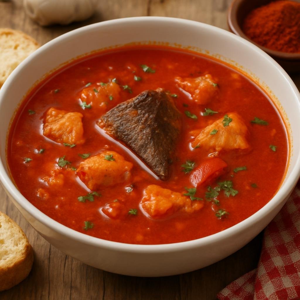 Entree: Hungary – Great Plain – Halászlé (Spicy Hungarian fisherman's paprika fish soup made from freshwater fish in a bright red broth) recipe