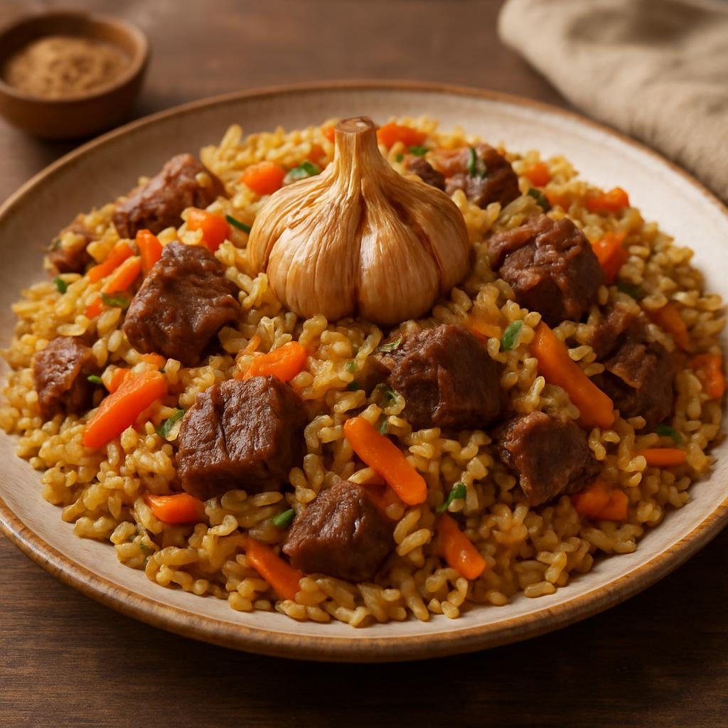 Entree: Kazakhstan – Northern Kazakhstan – Плов ➤ Plov (A hearty rice pilaf cooked with lamb, carrots, onions, and whole garlic for a fragrant one-pot meal) recipe
