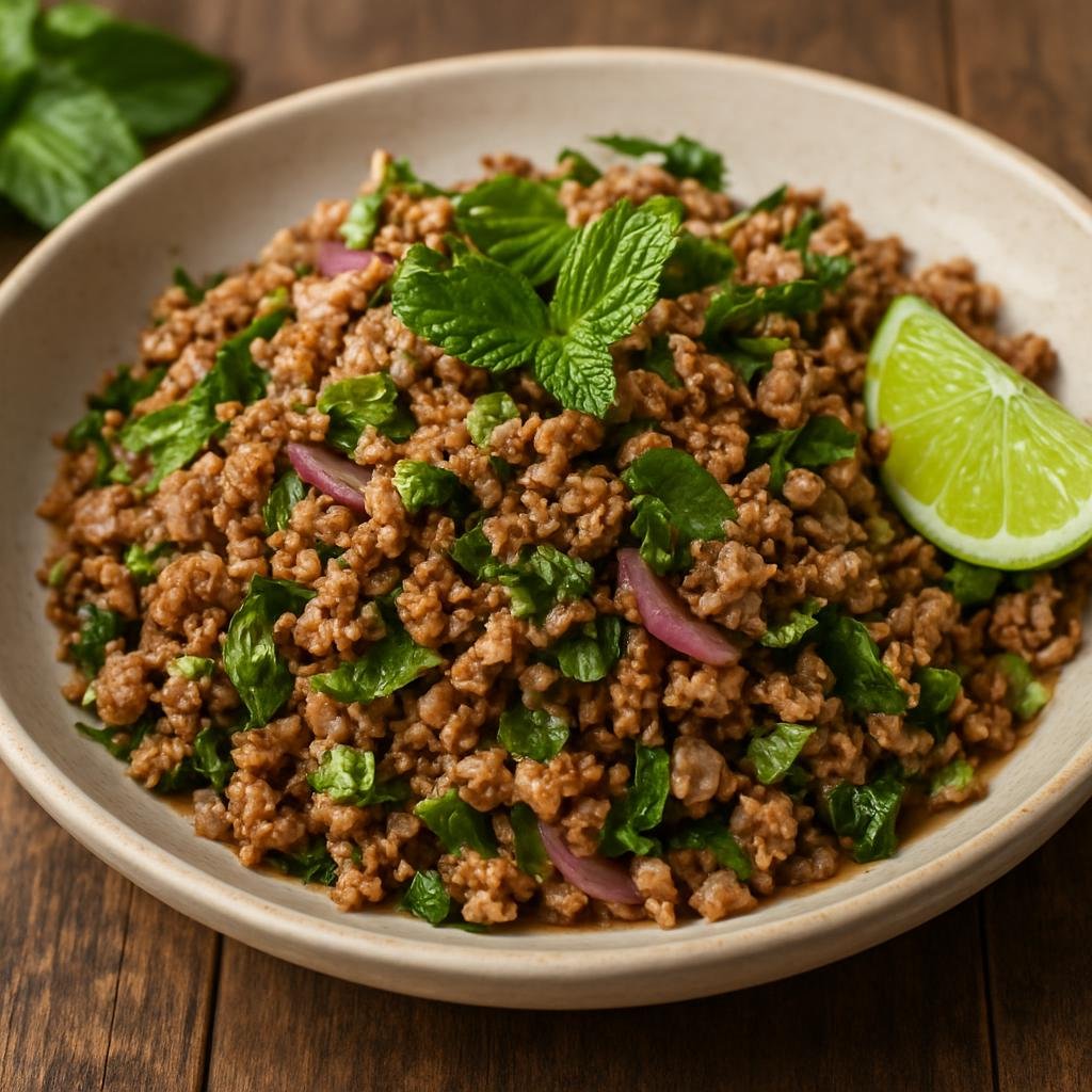 Entree: Laos – Luang Prabang / Northern Laos – ລາບ ຫລວງພະບາງ ➤ Laab Luang Phabang (A Northern Lao minced meat salad seasoned with toasted sticky rice, fresh herbs, lime, and fish sauce) recipe