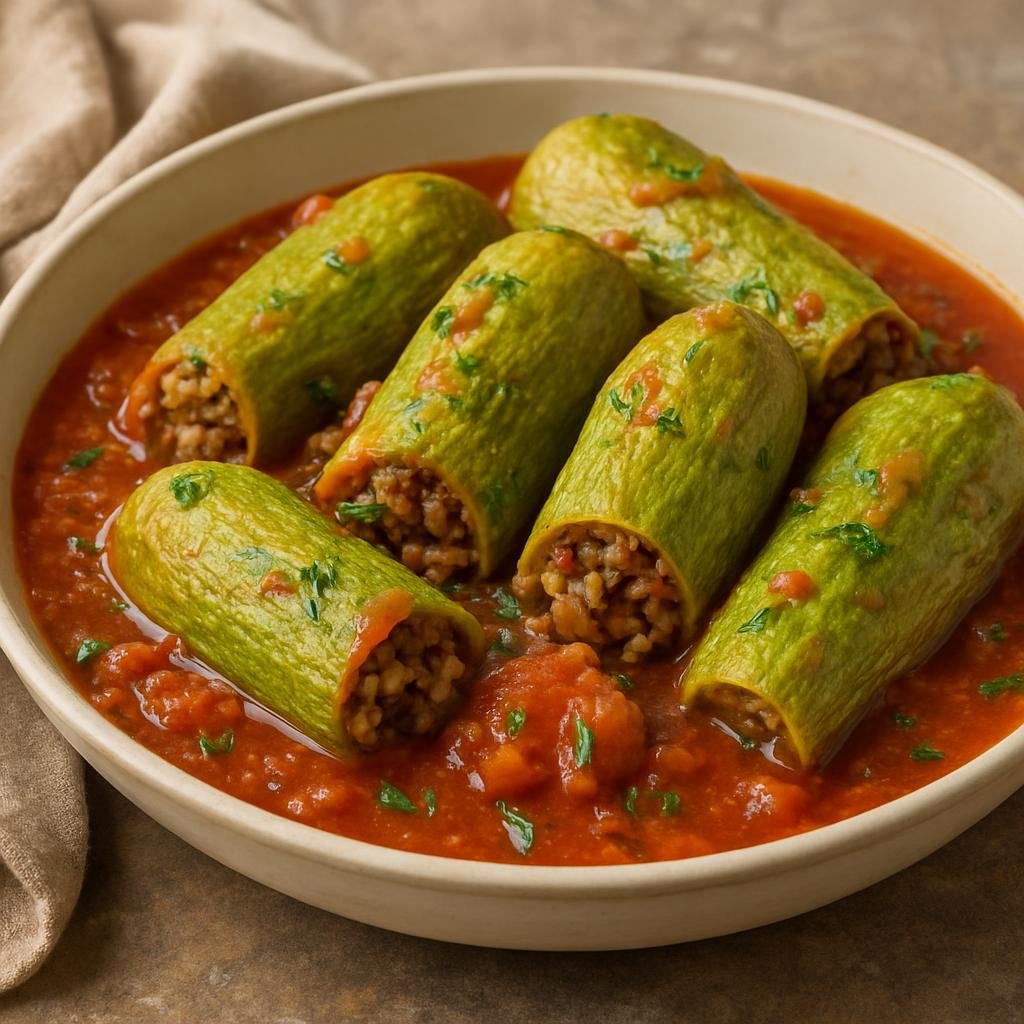 Entree: Lebanon – Bekaa Valley – كوسا محشي ➤ Kūsa Maḥshī (Small zucchini hollowed and stuffed with a seasoned rice and minced meat mixture, simmered in a tangy tomato broth) recipe