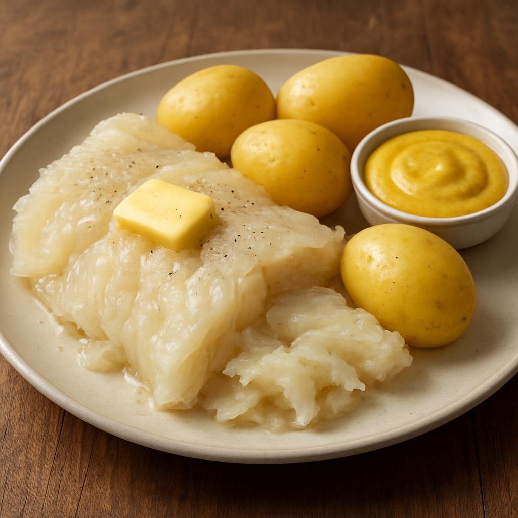 Entree: Norway – Norwegian Coastal Seafood – Lutefisk (Rehydrated dried whitefish treated with lye then rinsed and cooked until flaky, traditionally served with butter, potatoes, and mustard sauce) recipe