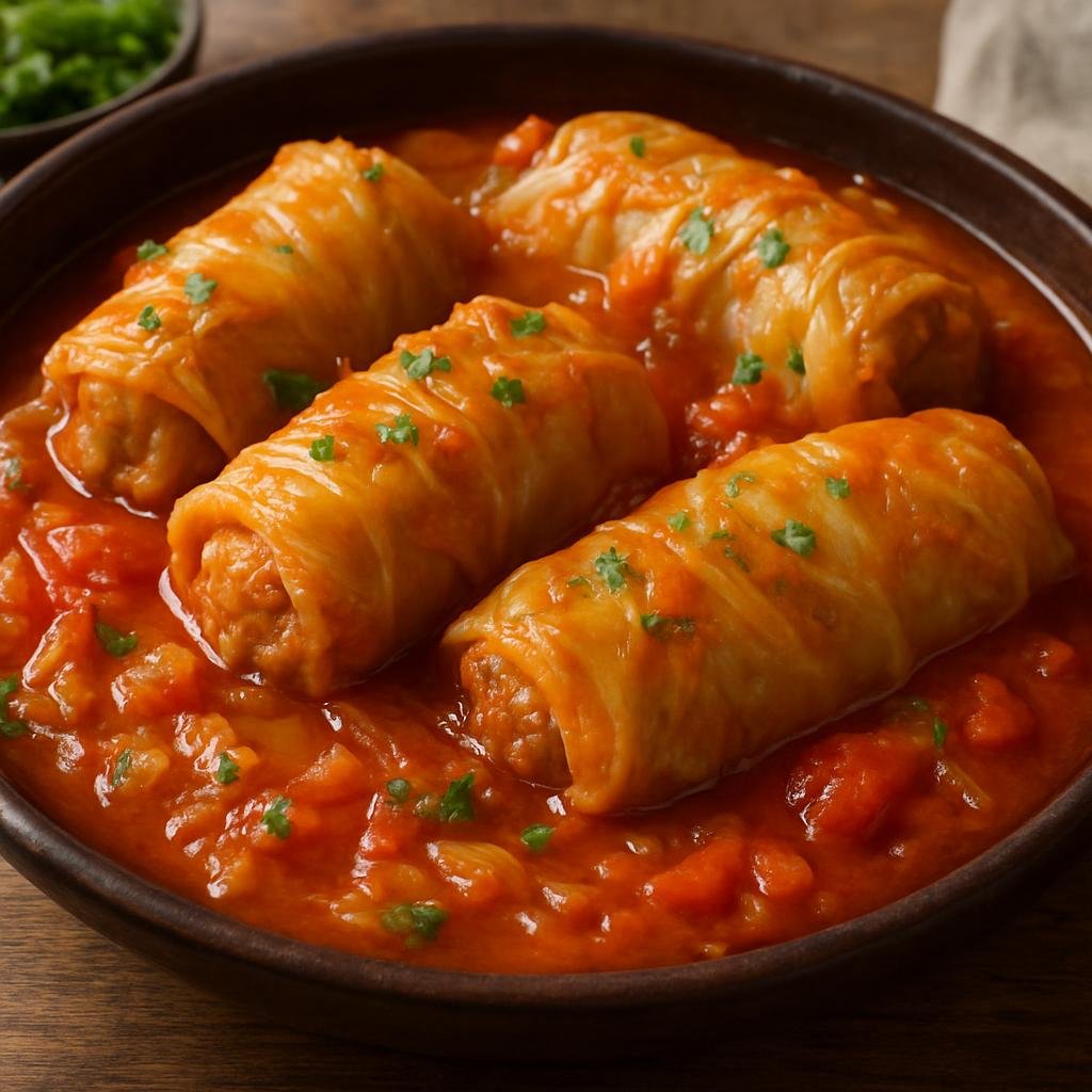 Entree: Lithuania – Northern Culinary Region – Balandėliai (Cabbage rolls stuffed with seasoned minced meat and rice, cooked in a tomato-onion sauce) recipe