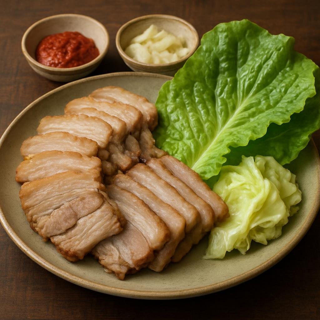 Entree: North Korea – North Korean Mountain Cuisine – 보쌈 ➤ bossam (Simmered seasoned pork belly served thinly sliced with leafy wraps and condiments) recipe