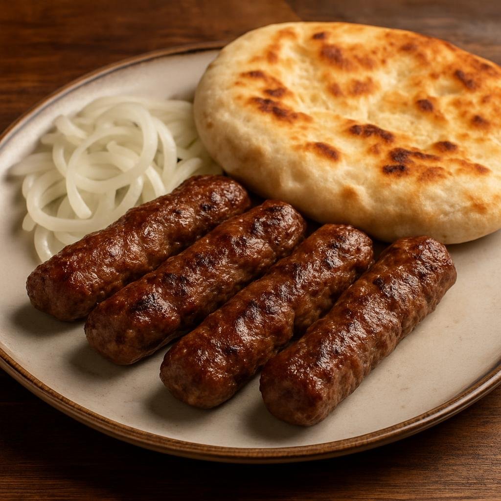 Entree: North Macedonia – Northern Culinary Region – ќебапи ➤ Kebapi (Grilled skinless minced-meat sausages served with flatbread and onions) recipe