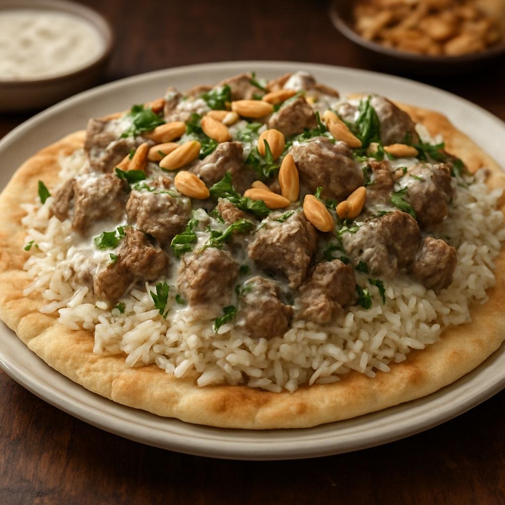 Entree: Palestine – Northern Culinary Region – منسف ➤ Mansaf (Lamb cooked in a tangy fermented-yogurt sauce served over rice and flatbread) recipe