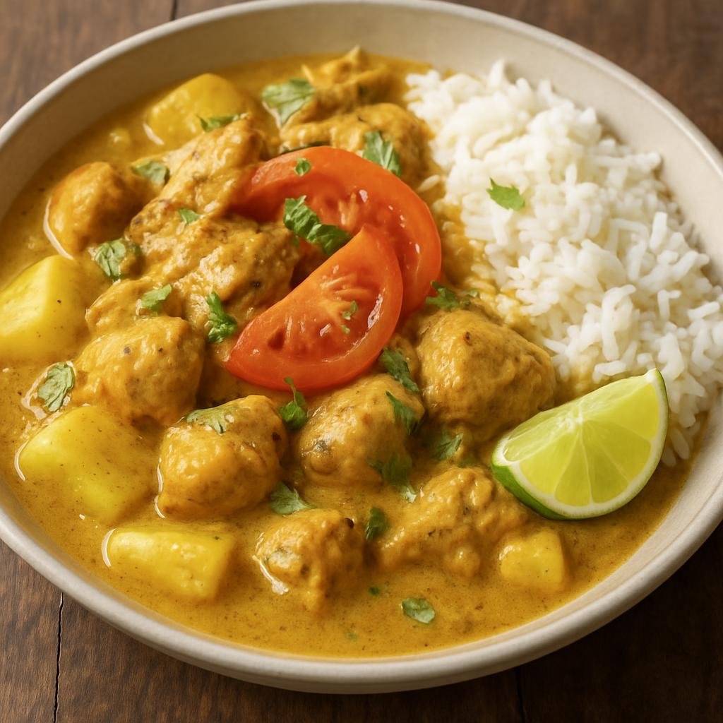 Entree: Pitcairn – Northern Culinary Region – Island Chicken Curry (Island-style chicken simmered in coconut milk with curry spices, potatoes, and citrus) recipe