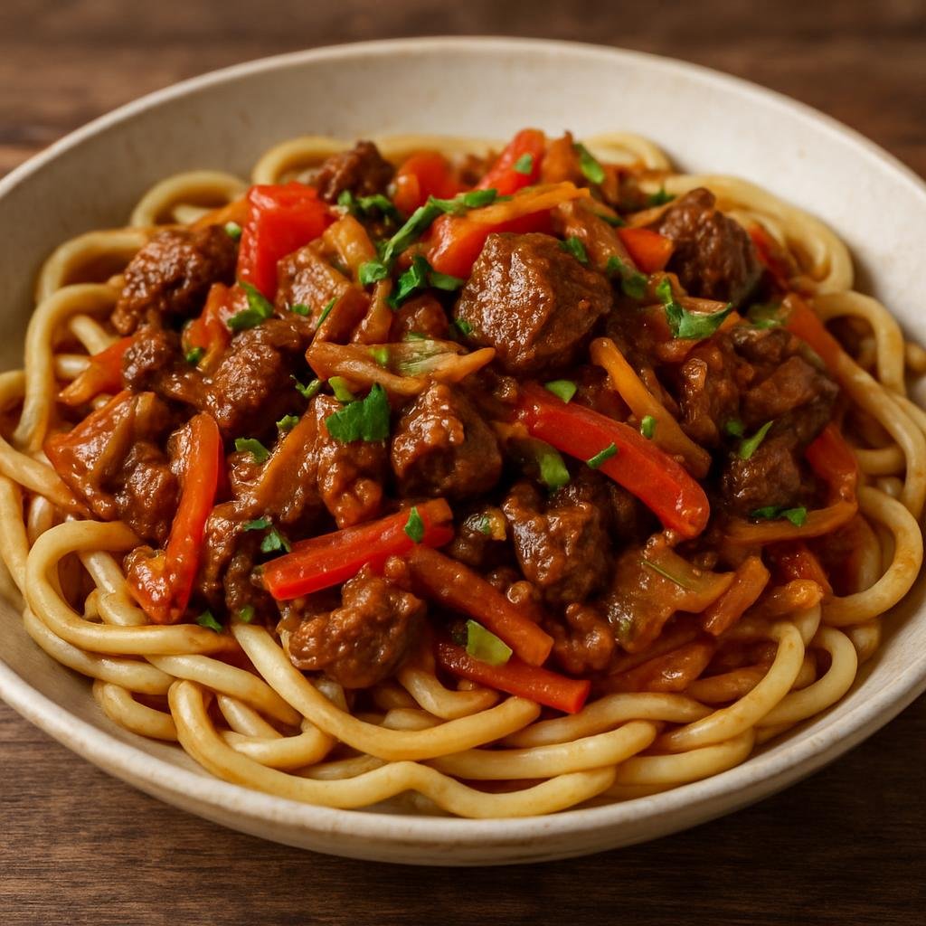 Entree: Tajikistan – Northern Culinary Region – Лагман ➤ Lagman (Hand-pulled wheat noodles served with stir-fried lamb and vegetables in a savory, spiced sauce) recipe