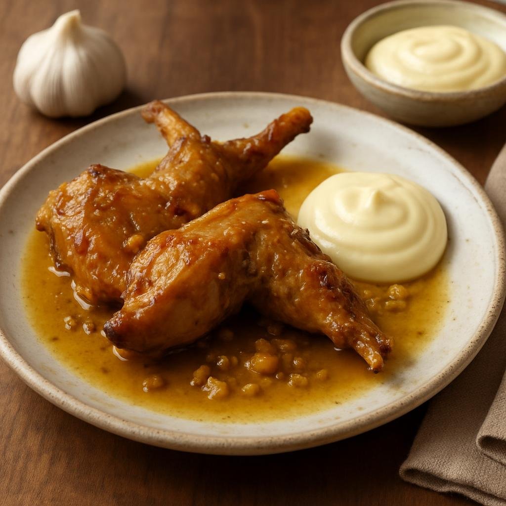 Entree: Andorra – Central Culinary Region – Conill amb All i Oli (Braised Catalan-style rabbit cooked with garlic and served with a traditional all-i-oli garlic mayonnaise) recipe