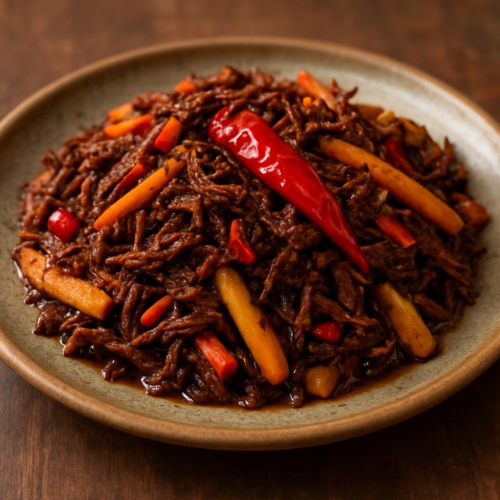 Entree: Bhutan – Central Culinary Region – Shakam Paa (Shredded sun-dried beef quickly braised and stir-fried with chilies and root vegetables) recipe