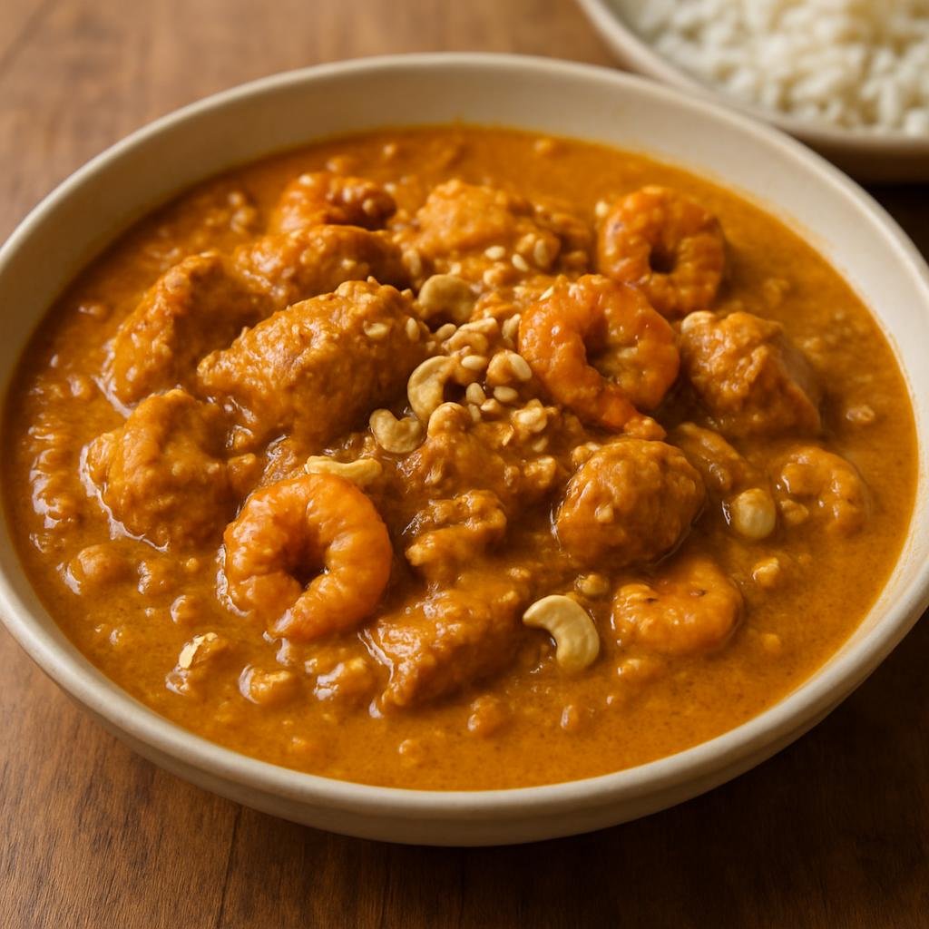 Entree: Brazil – Bahia – Xinxim de Galinha (Bahian chicken and shrimp stew in a rich coconut and palm-oil sauce with ground peanuts and cashews) recipe