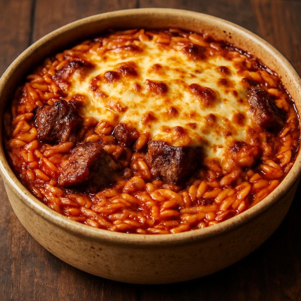 Entree: Greece – Athens & Attica – γιουβέτσι ➤ giouvetsi (Baked Greek orzo cooked with braised beef in a tomato-cinnamon stew and finished with melted cheese) recipe