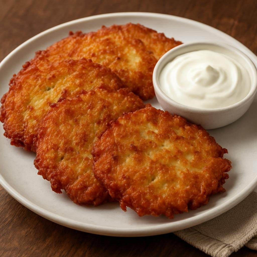 Entree: Poland – Highland / Gorale – Placki Ziemniaczane (Crispy grated potato pancakes pan-fried until golden, traditionally served with sour cream or mushroom sauce) recipe