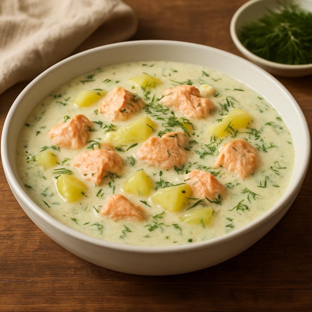Entree: Finland – Finnish Coastal Cuisine – Lohikeitto (Creamy Finnish salmon and potato soup flavored with leek and dill) recipe