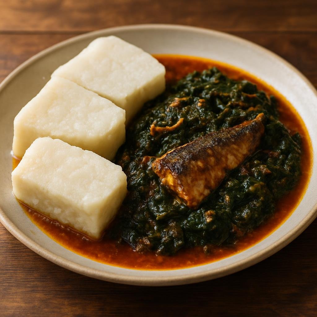 Entree: Ghana – Ashanti – Ampesi with Kontomire Stew (Boiled yam served with a palm-oil tomato stew of cocoyam leaves and smoked fish) recipe