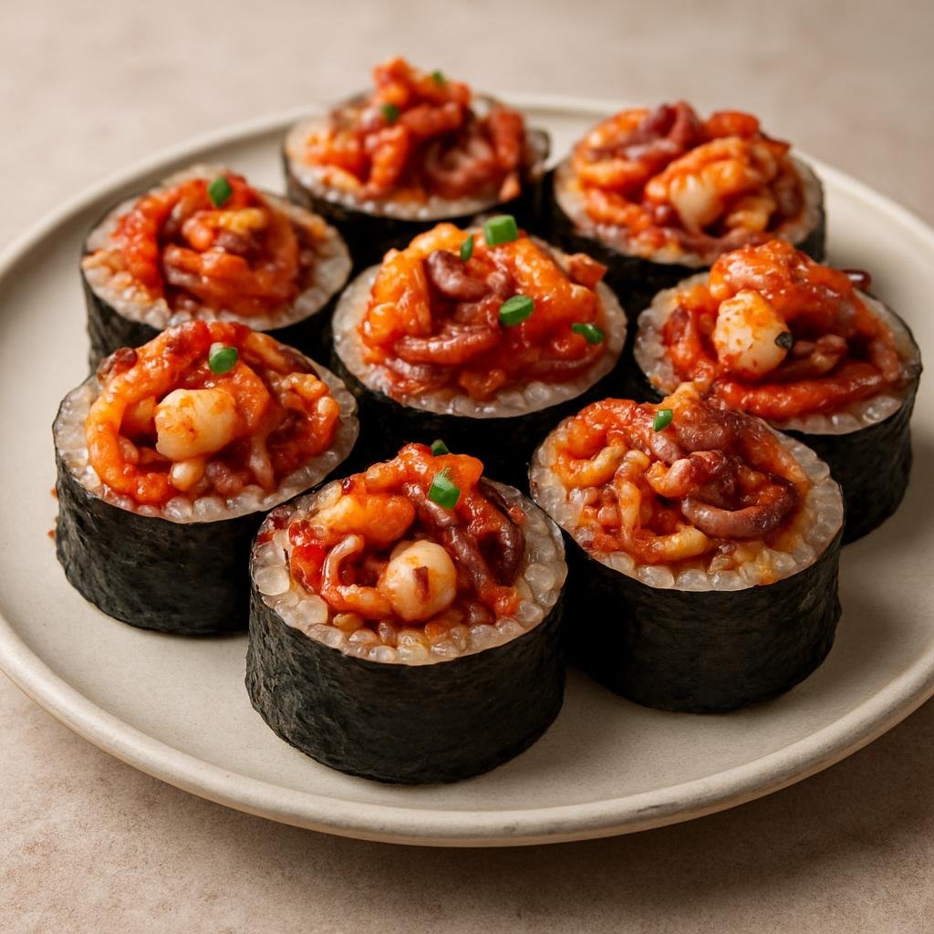 Entree: South Korea – Gyeongsang – 통영 김밥 ➤ Tongyeong gimbap (Seafood-topped Korean seaweed rice rolls from Tongyeong) recipe