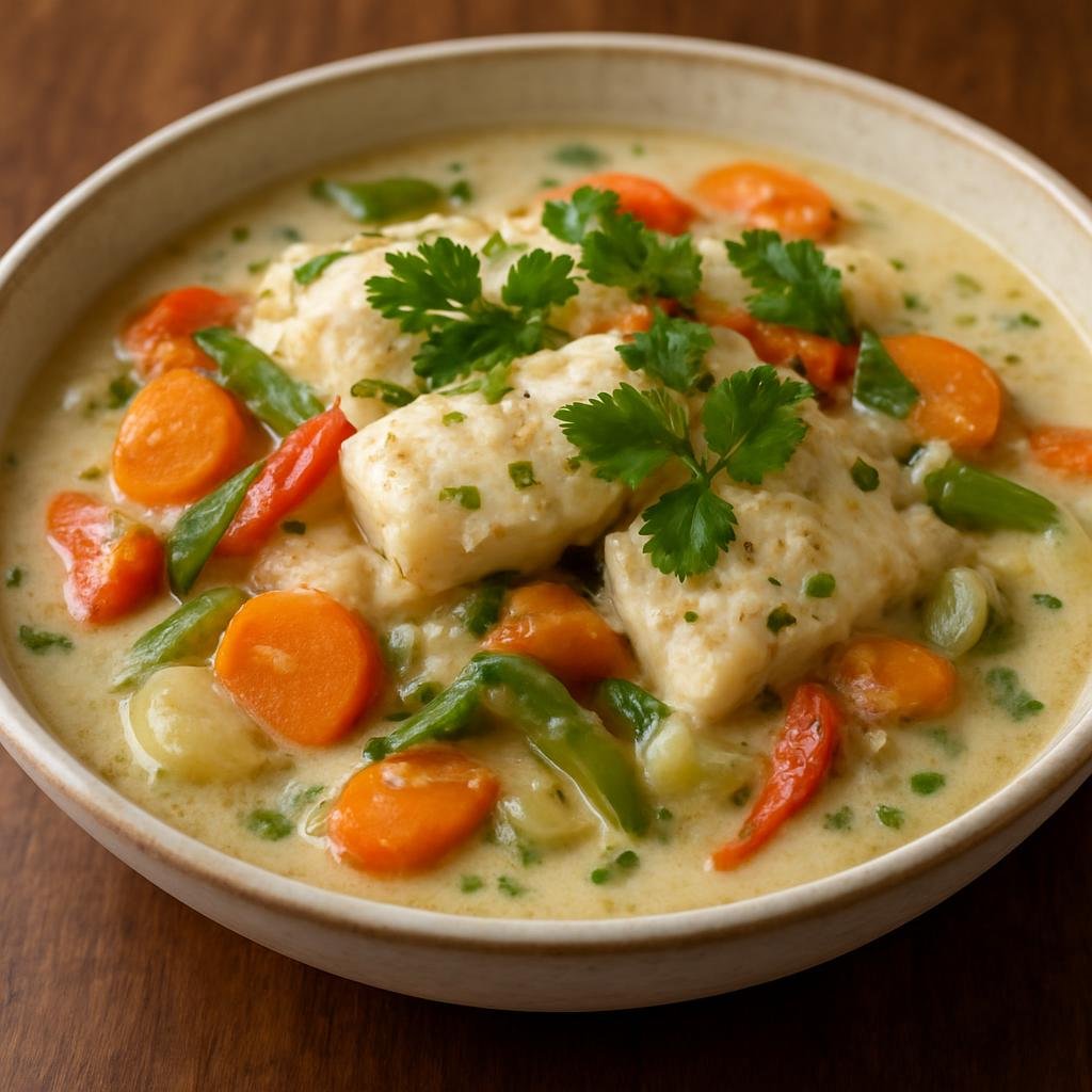 Entree: Dominican Republic – National Cuisine – Pescado con Coco (White fish stewed in coconut milk with aromatic vegetables and fresh herbs) recipe