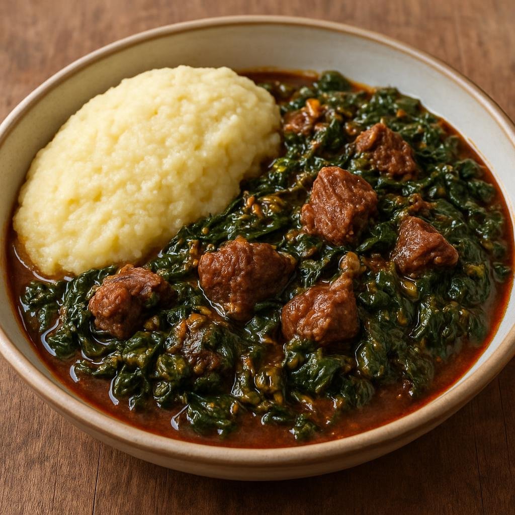 Entree: Eswatini – National Cuisine – Sidvudvu (Hearty Swazi beef and leafy-greens stew traditionally served with maize porridge) recipe