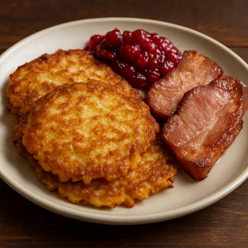 Entree: Sweden – Skane / South Sweden – Raggmunk (Crisp fried potato pancakes made from grated potatoes and a simple batter, traditionally served with fried pork and lingonberry jam) recipe