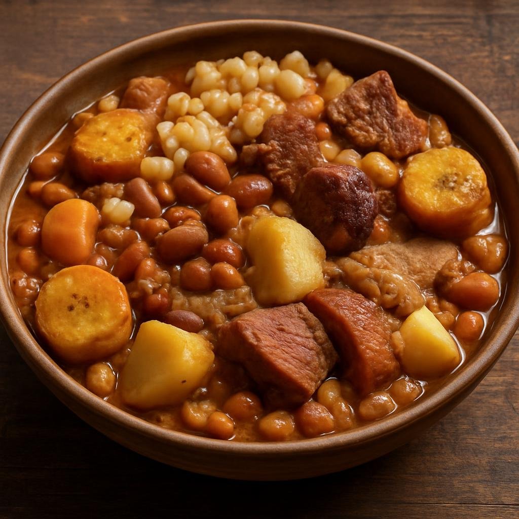 Entree: Guinea-Bissau – Northern Culinary Region – Cachupa (Hearty slow-cooked stew of hominy, beans, plantain, root vegetables, and mixed meats) recipe