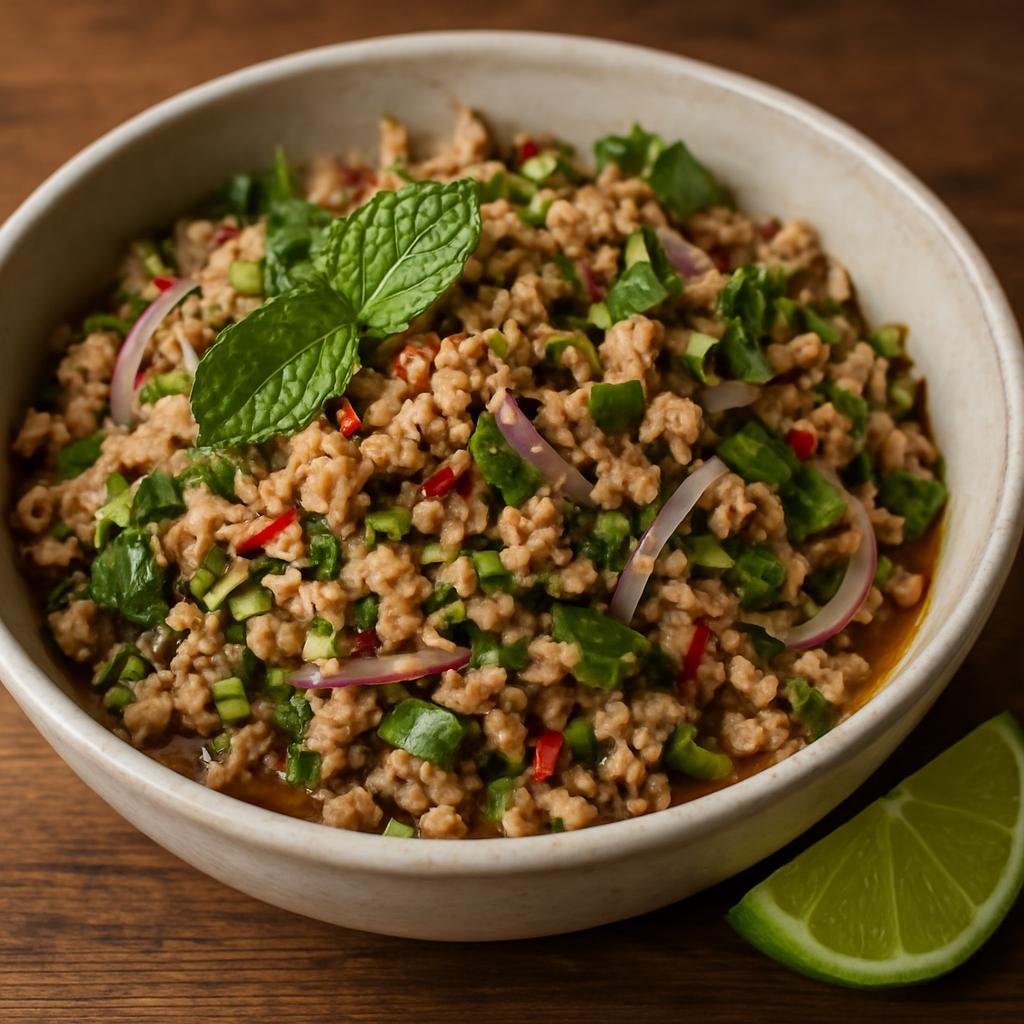 Entree: Laos – Southern Laos – ລາບຊິນໝູ ➤ Laap Sin Moo (Laotian minced pork salad dressed with fish sauce, lime, toasted rice, herbs, and chili) recipe