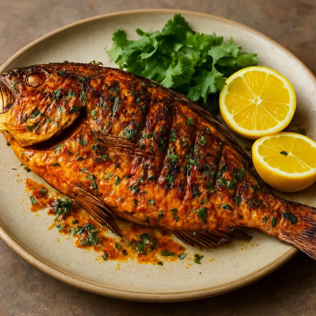 Entree: Mozambique – Northern Culinary Region – Peixe Grelhado (Char-grilled whole fish marinated in piri-piri with citrus and herbs) recipe