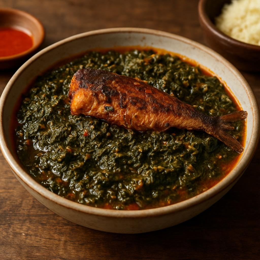 Entree: Republic of the Congo – Northern Culinary Region – Ngulu Yako Tumba (Hearty Northern Congolese cassava-leaf stew with smoked fish and palm oil) recipe
