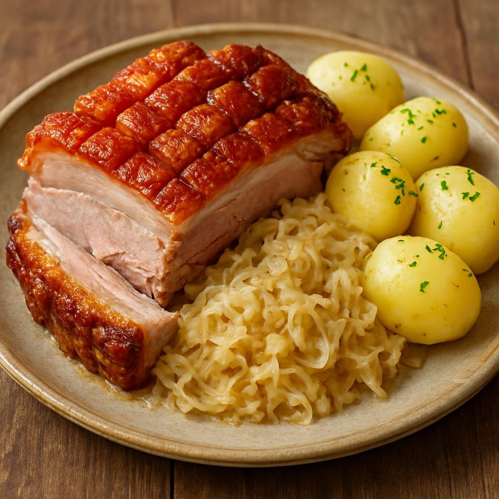 Entree: Slovenia – Northern Culinary Region – Kranjska Pečenka (Roasted Carniolan pork with crisped rind, traditionally served with sauerkraut and boiled potatoes) recipe