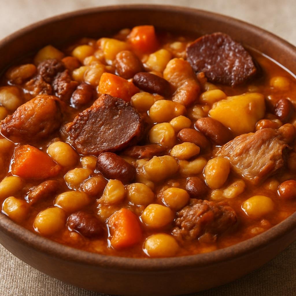 Entree: Angola – Central Culinary Region – Cachupa (Hearty slow-cooked stew of hominy, beans, root vegetables, and mixed meats) recipe
