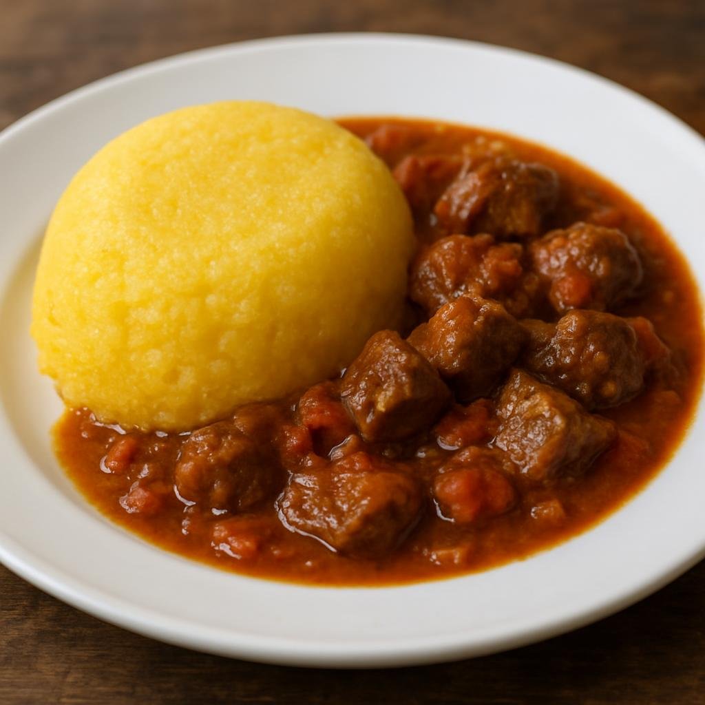 Entree: Aruba – Central Culinary Region – Funchi and Stew (firm cornmeal polenta with beef stew) recipe