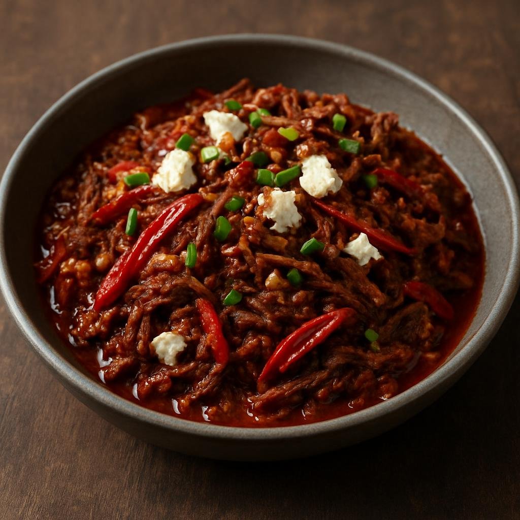 Entree: Bhutan – Central Culinary Region – Goep (Spicy Bhutanese shredded beef stir-fry flavored with chilies, garlic, and local cheese) recipe