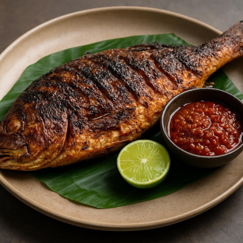 Entree: Brunei – Central Culinary Region – Ikan Bakar (Grilled marinated fish charred over coals and served with spicy sambal and lime) recipe