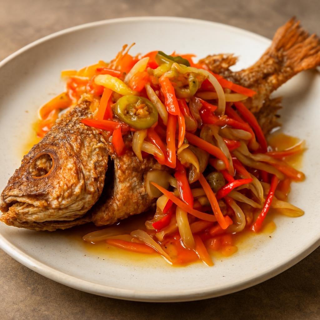 Entree: Cayman Islands – Central Culinary Region – Escovitch Fish (Crisply fried whole fish topped with a hot vinegar-based pickled pepper and vegetable dressing) recipe