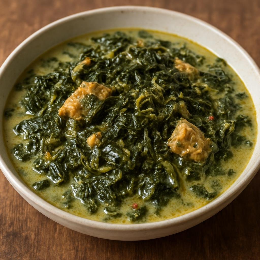 Entree: Comoros – Mataba (Stewed cassava leaves cooked in coconut milk with aromatics and often fish for a savory island main) recipe