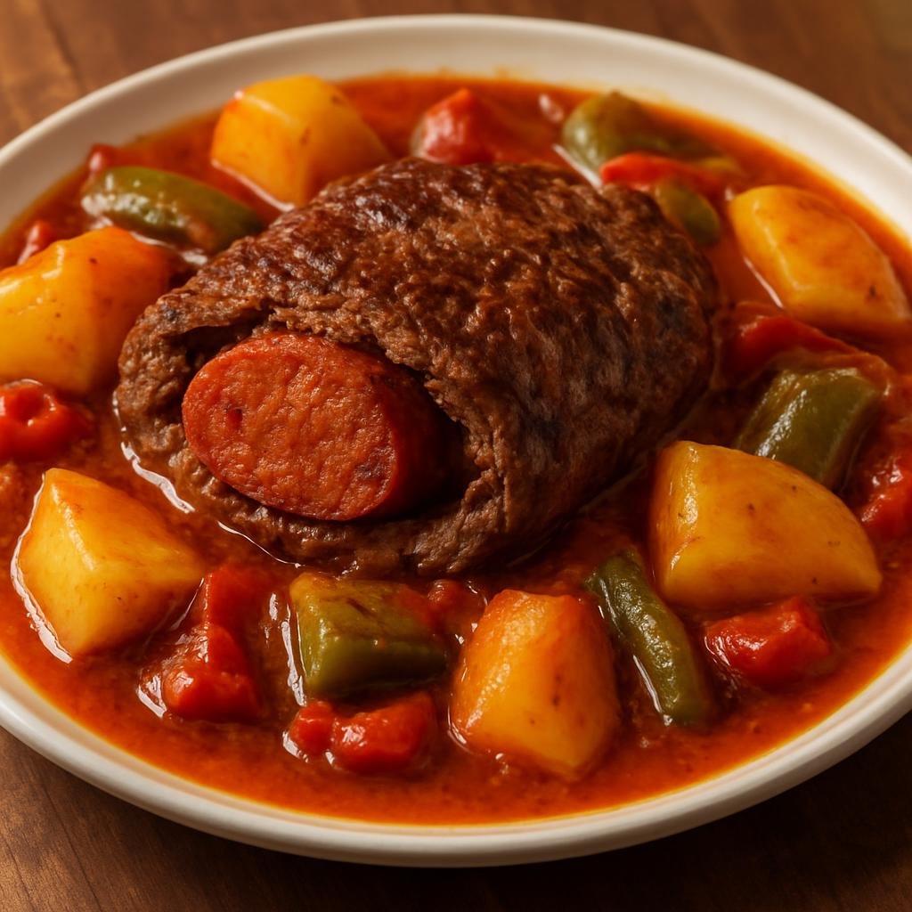 Entree: Cuba – Boliche (Cuban braised beef roast typically butterflied and stuffed with chorizo, cooked with potatoes and peppers in a rich tomato-based sauce) recipe