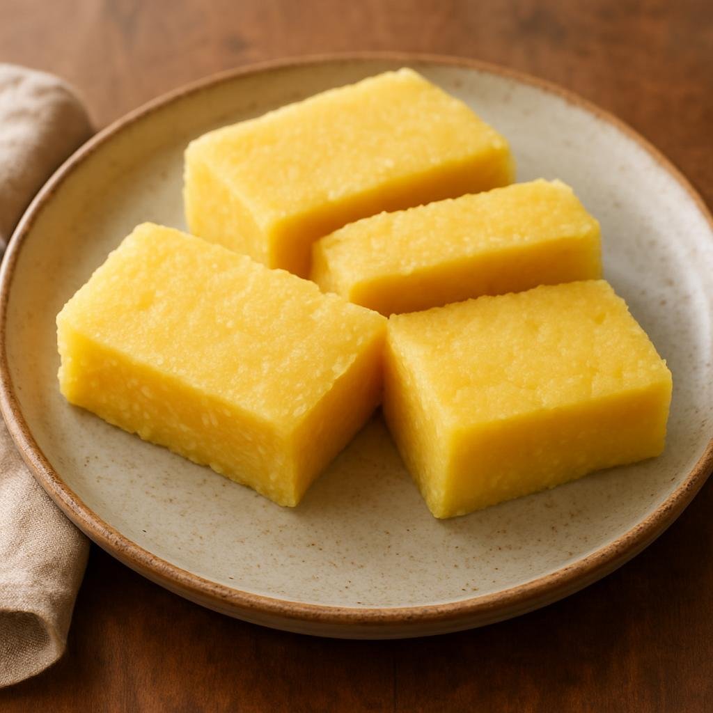 Entree: Curacao – Funchi (A firm polenta-like cornmeal cake that is boiled, set, sliced and served as a starchy accompaniment to stews, fish, or vegetables) recipe